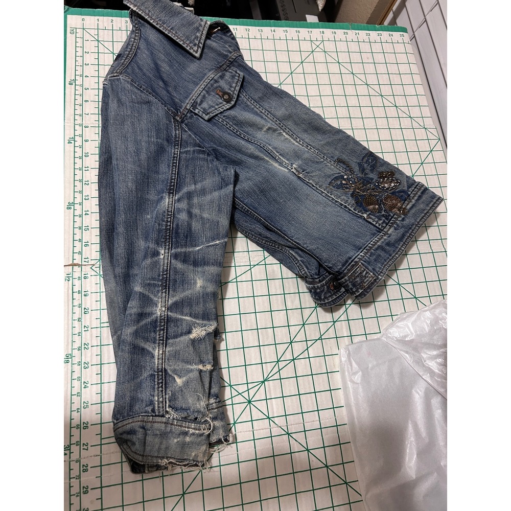 Coldwater Creek 16 Distressed Embroidered Denim Jacket Blue Sequin Boho Trucker - Picture 7 of 15